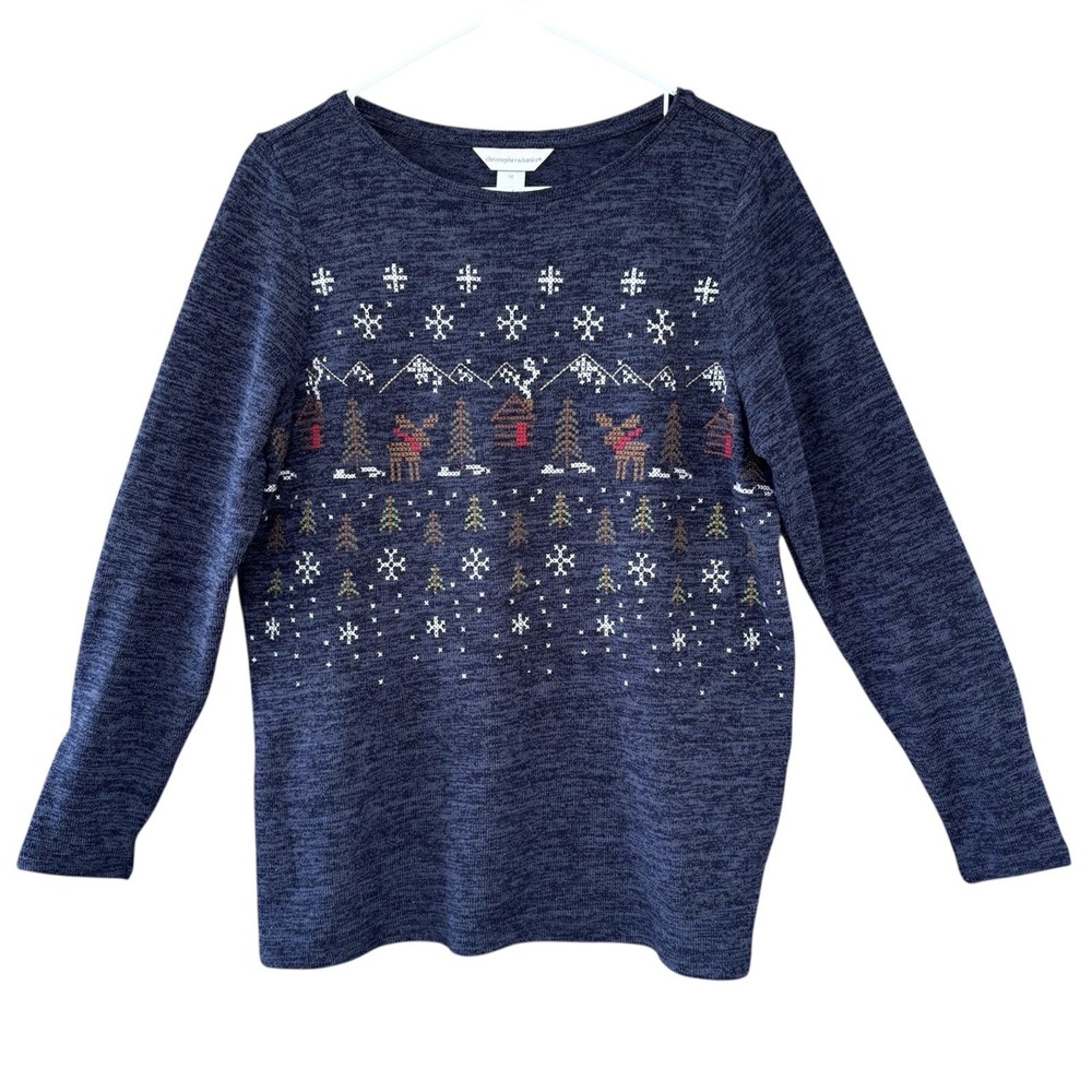 Christopher & Banks Embroidered Christmas Sweater Womens M Cross Stitch Cabin